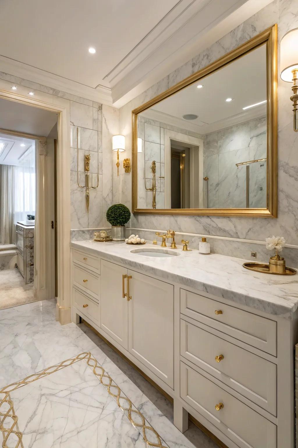 A luxury bathroom featuring stone countertops and flooring complemented by gold hardware.