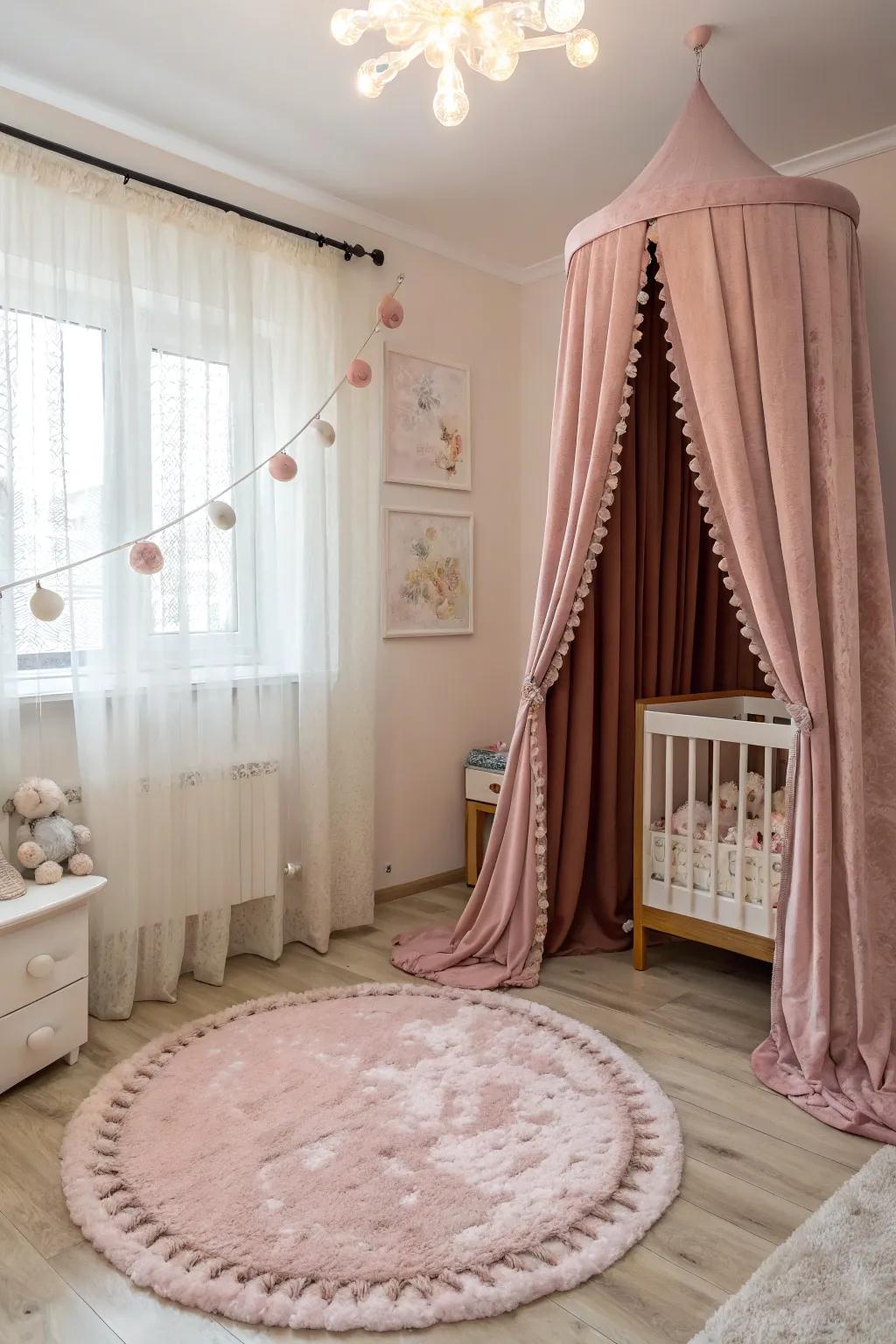 A nursery decorated with velvet curtains and a soft rug, making it feel warm and luxurious.