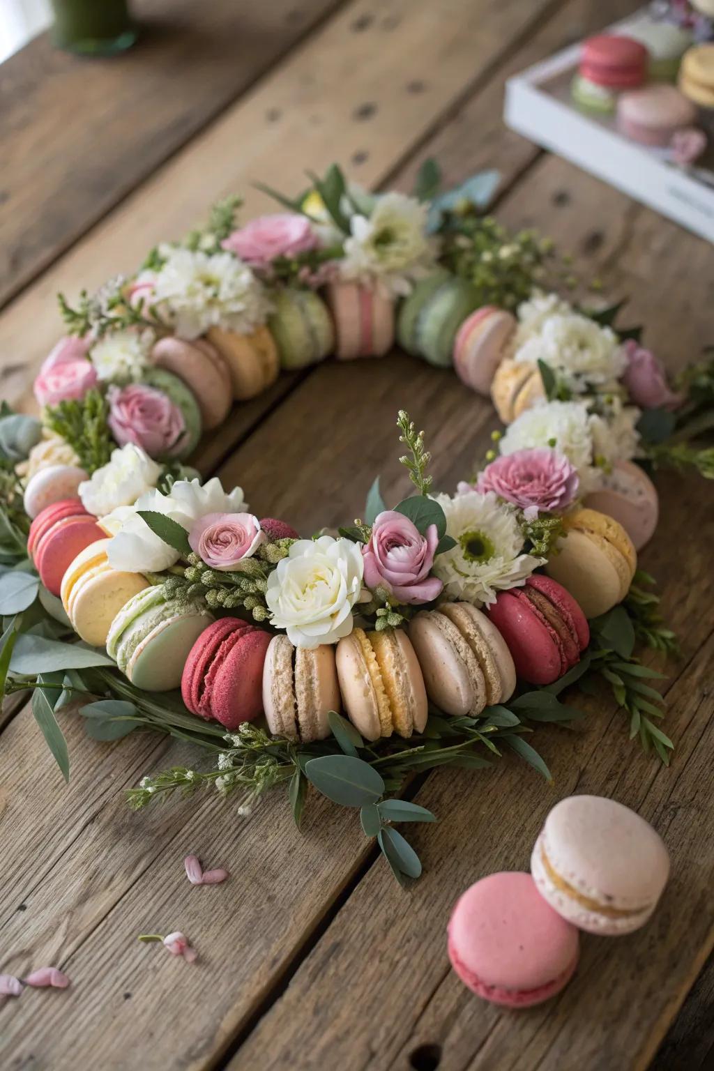 A floral circle of macarons and garden-fresh flowers.