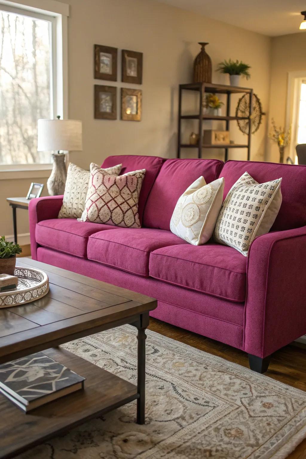 The fuchsia couch acts as a vibrant focal point in this stylishly decorated living space.