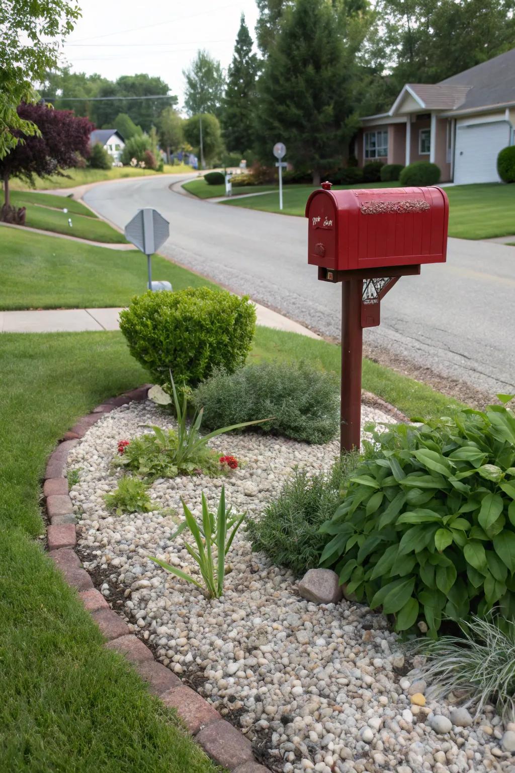 Crushed stone and foliage unite to form a harmonious, low-upkeep mailbox scenery.