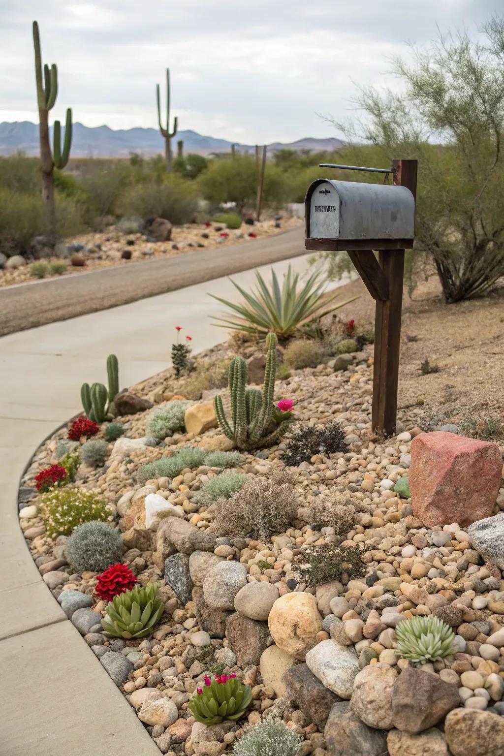 Fleshy plants and stones offer an up-to-date, minimal upkeep appeal.