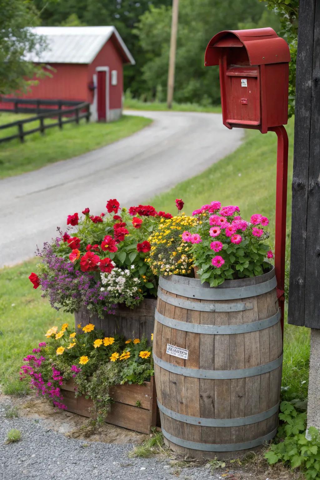 Country charm aligns with vivid blossoms in this cask planter concept.