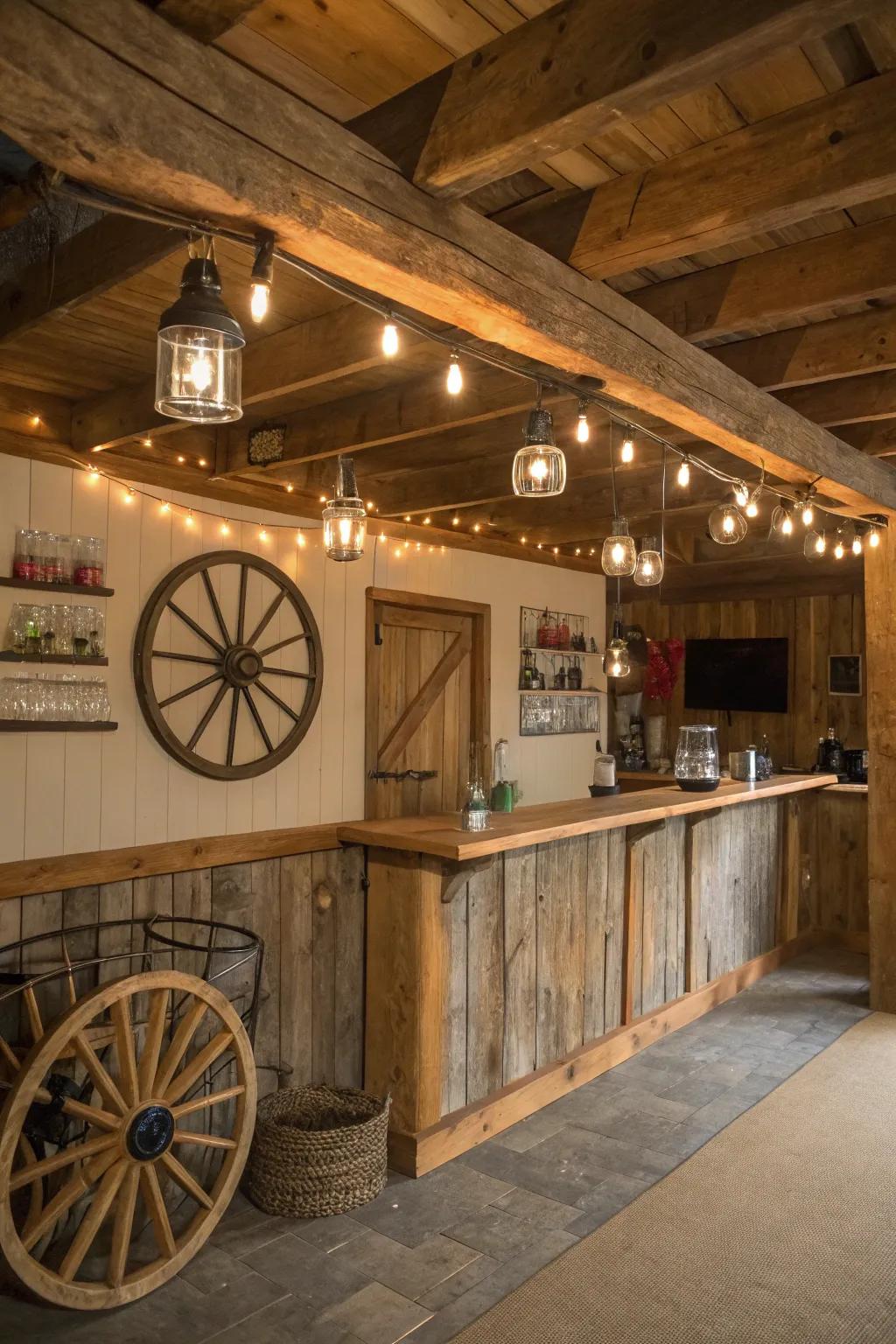 Revel in the coziness of a rustic barn bar in your man cave.