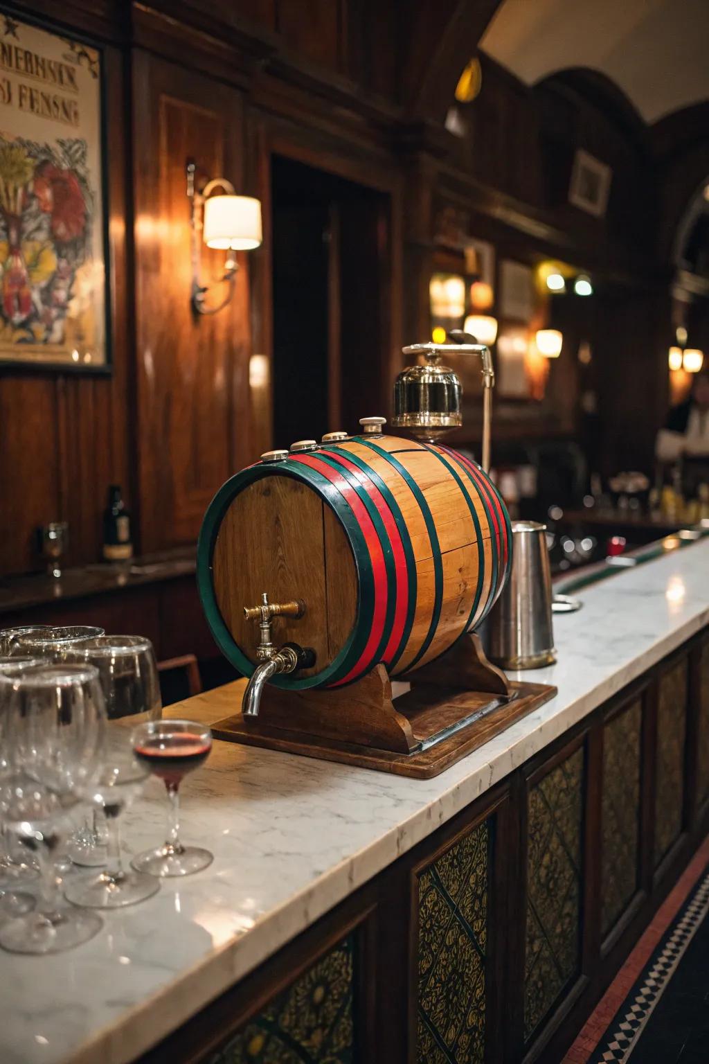 A barrel-shaped dispenser introduces a whimsical element to drink presentation.