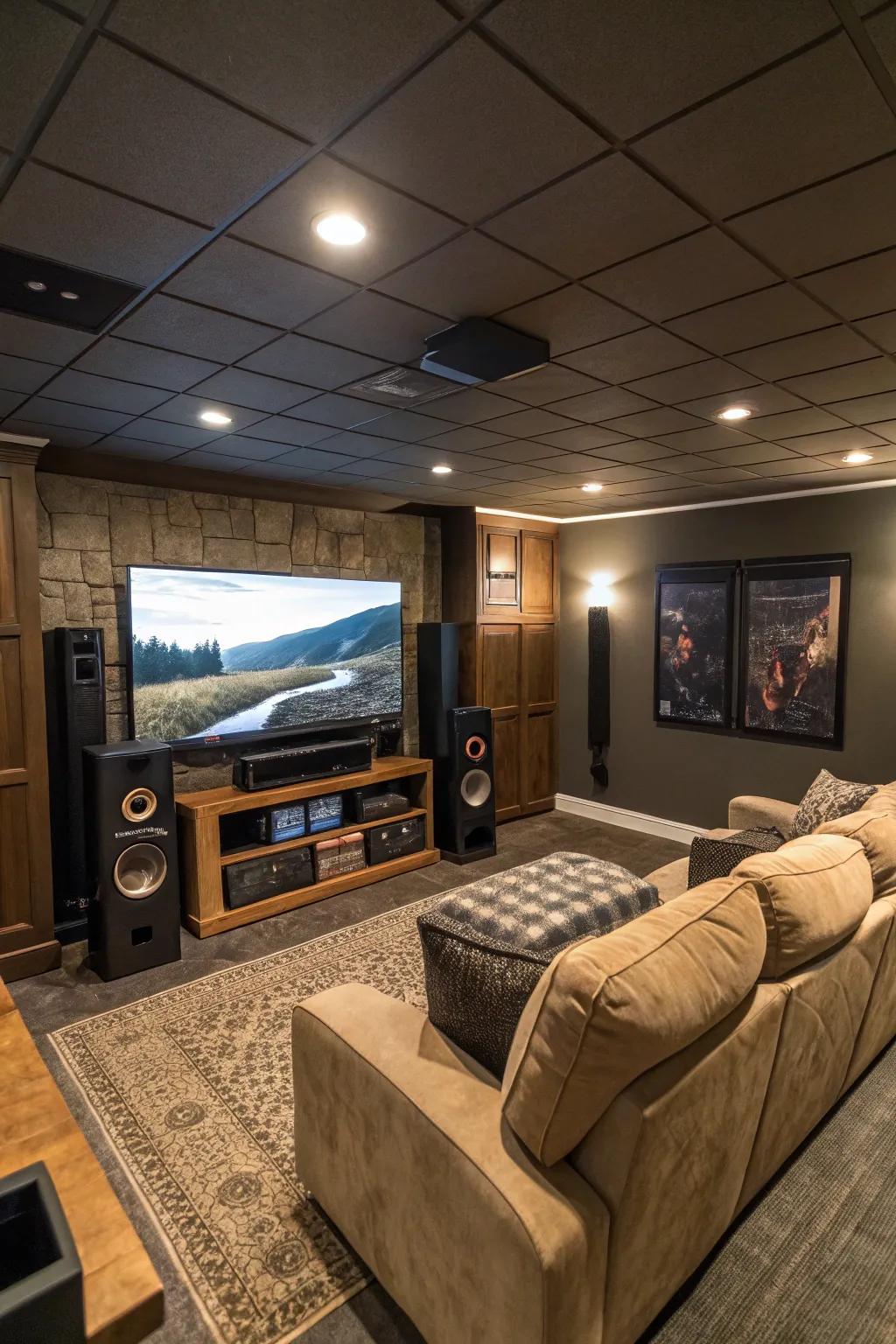 An at-home cinema setup displaying a broad display television and surround sound speakers.