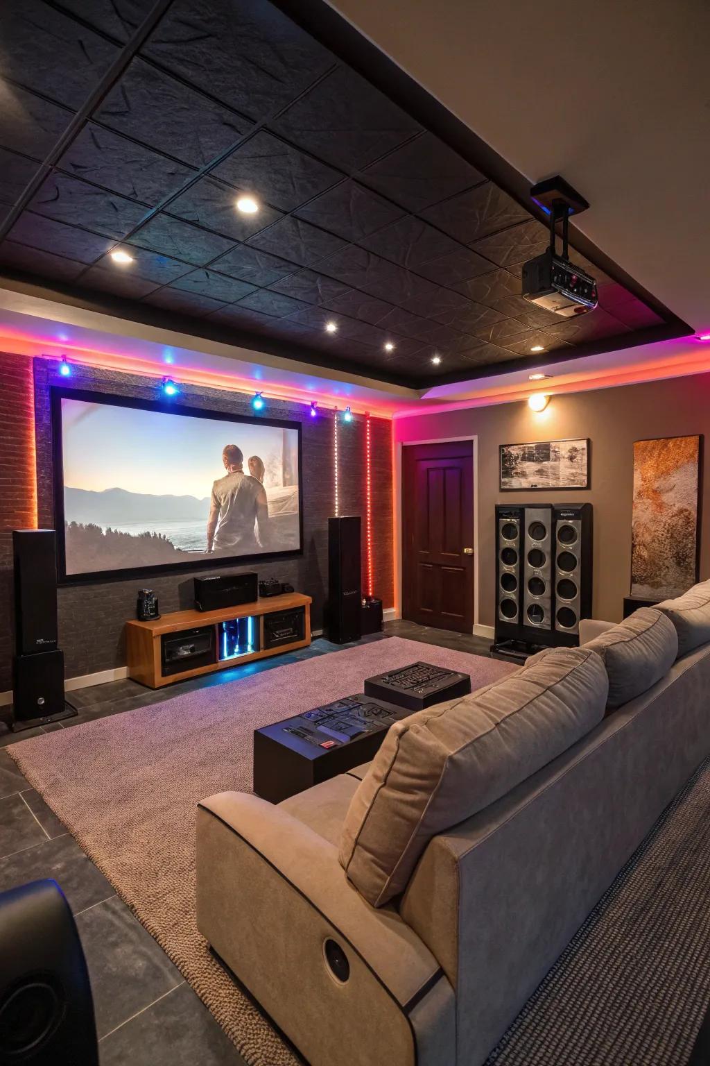 An immersive home cinema setup featuring a wide screen and enveloping sound.