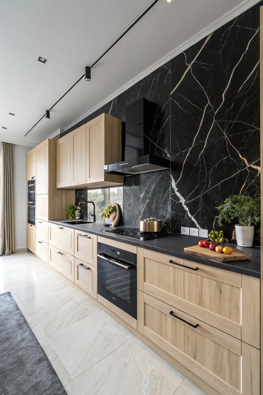 A kitchen that makes a striking impression using a black marble backsplash.
