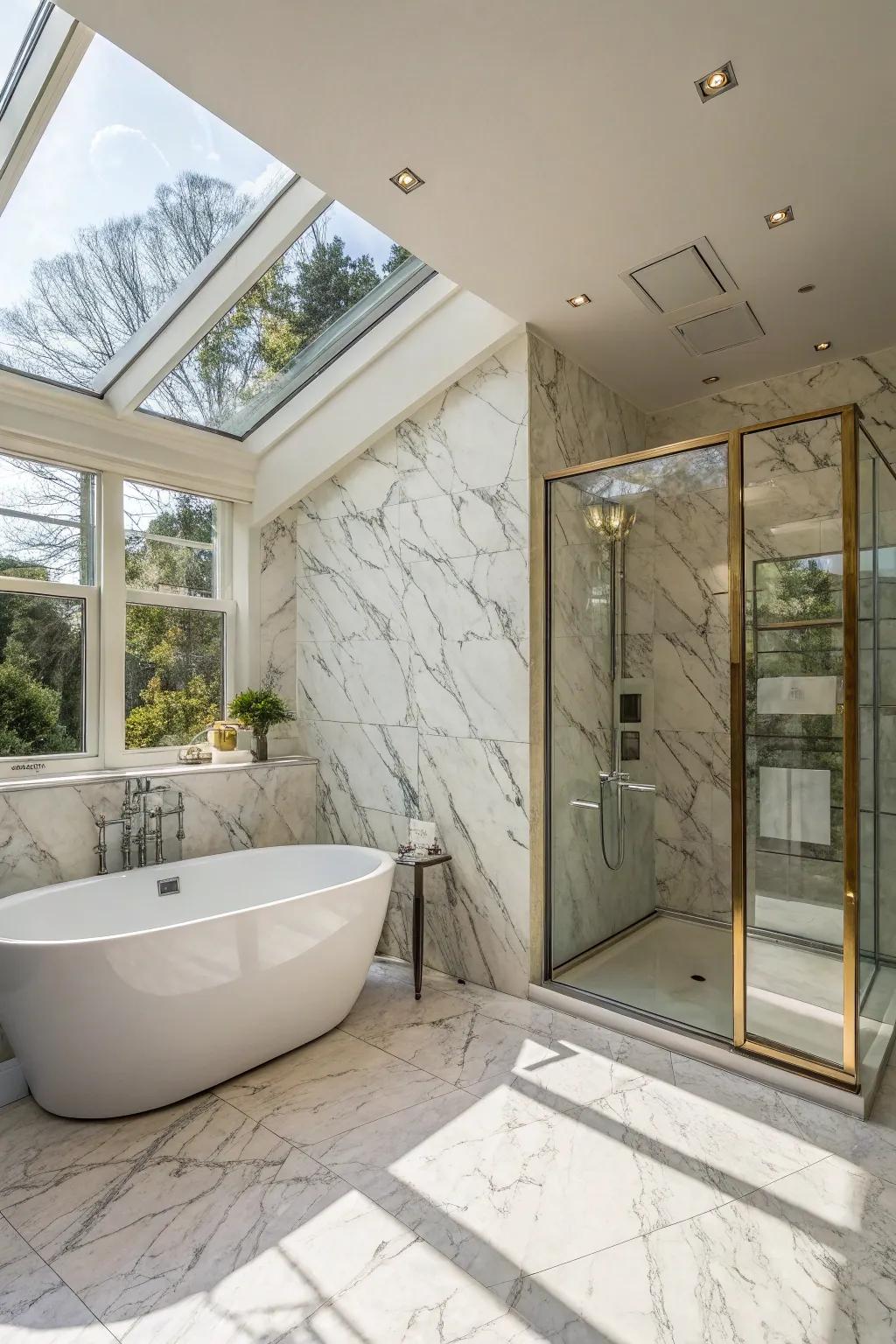Marble walls from top to bottom offer a streamlined and smooth visual.