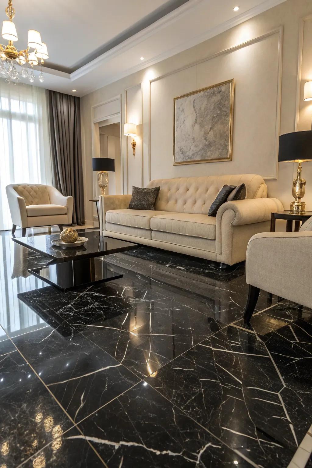 Bold black stone flooring creates a dramatic and elegant living space.