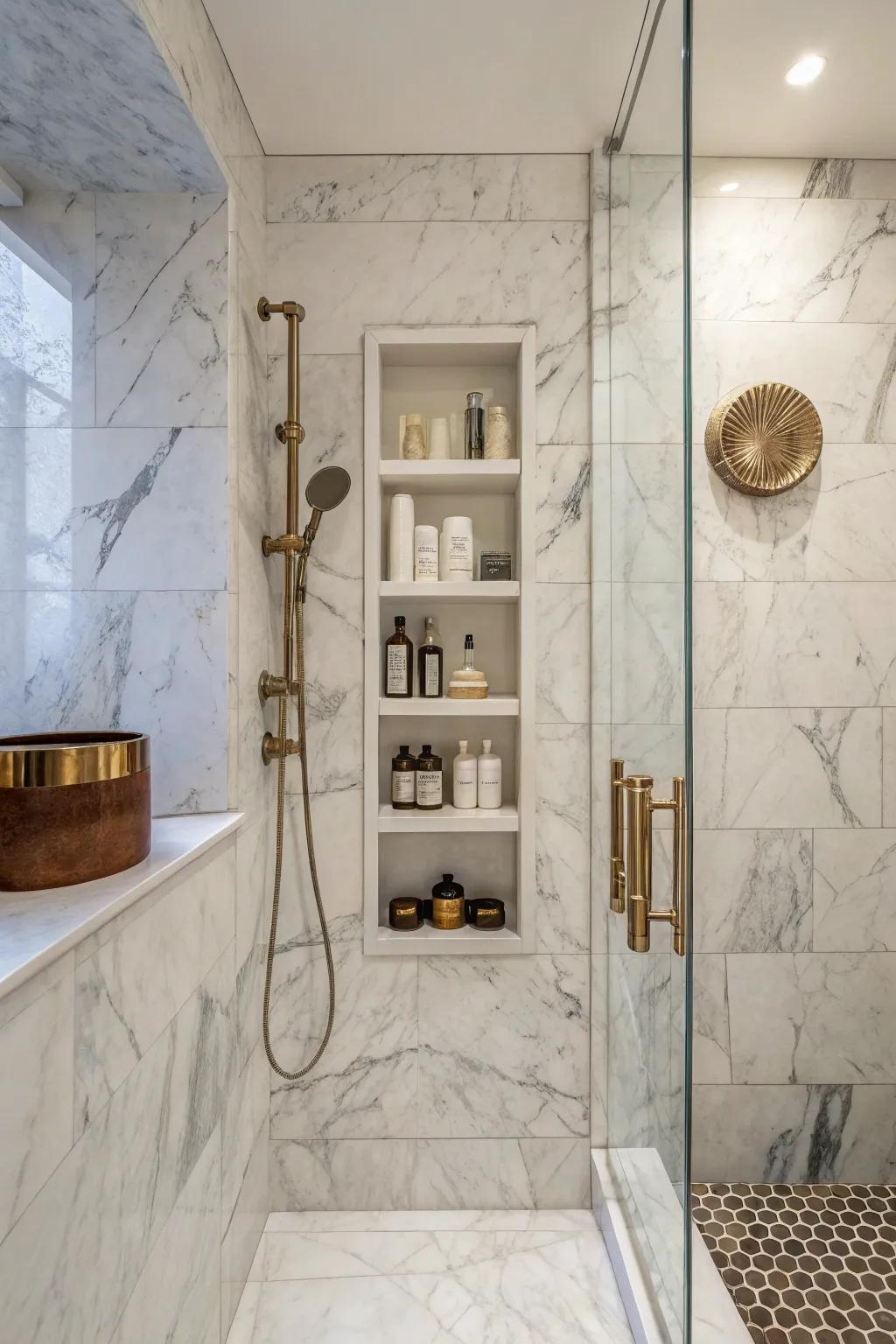 A standing stone alcove gives a stylish element to compact shower areas.