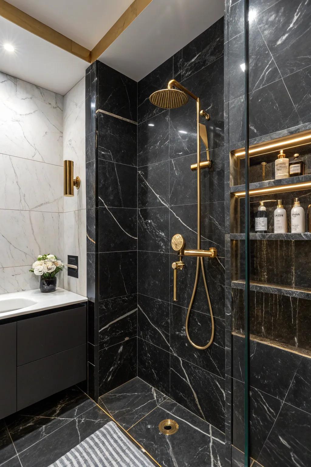 Create a dramatic look with bold black marble tiles.