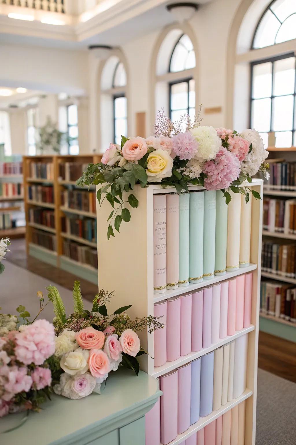 A spring-themed library display showcasing books in soft colors and floral accents.