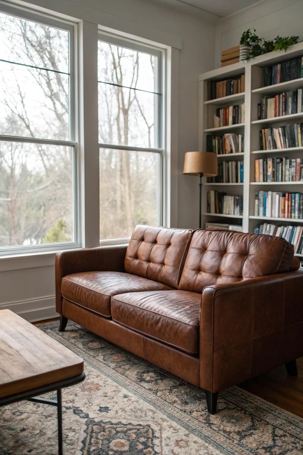 A deep brown leather sofa brings timeless elegance to the man cave.