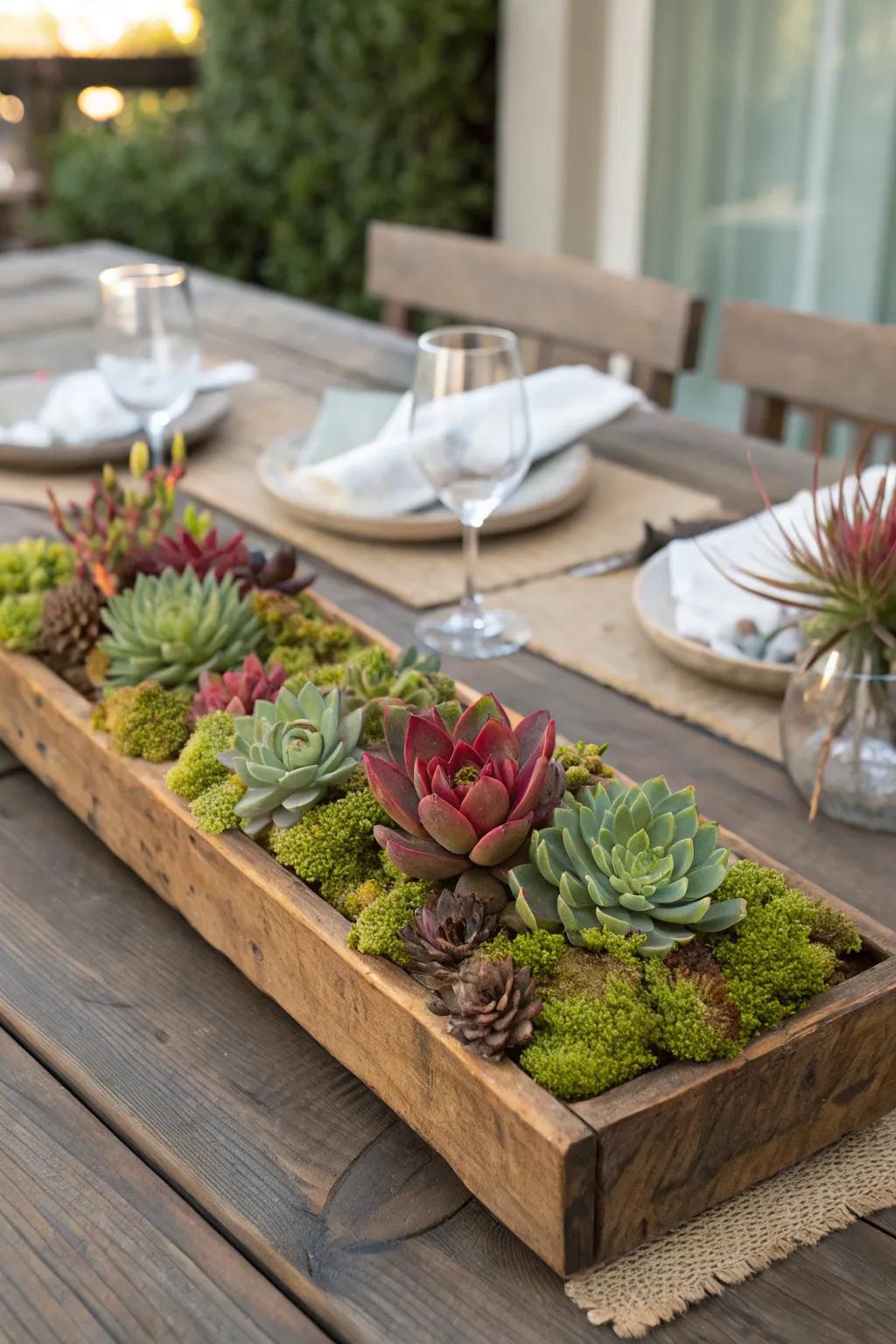 Capture natural elegance with a timber platter centerpiece enhanced by greenery.