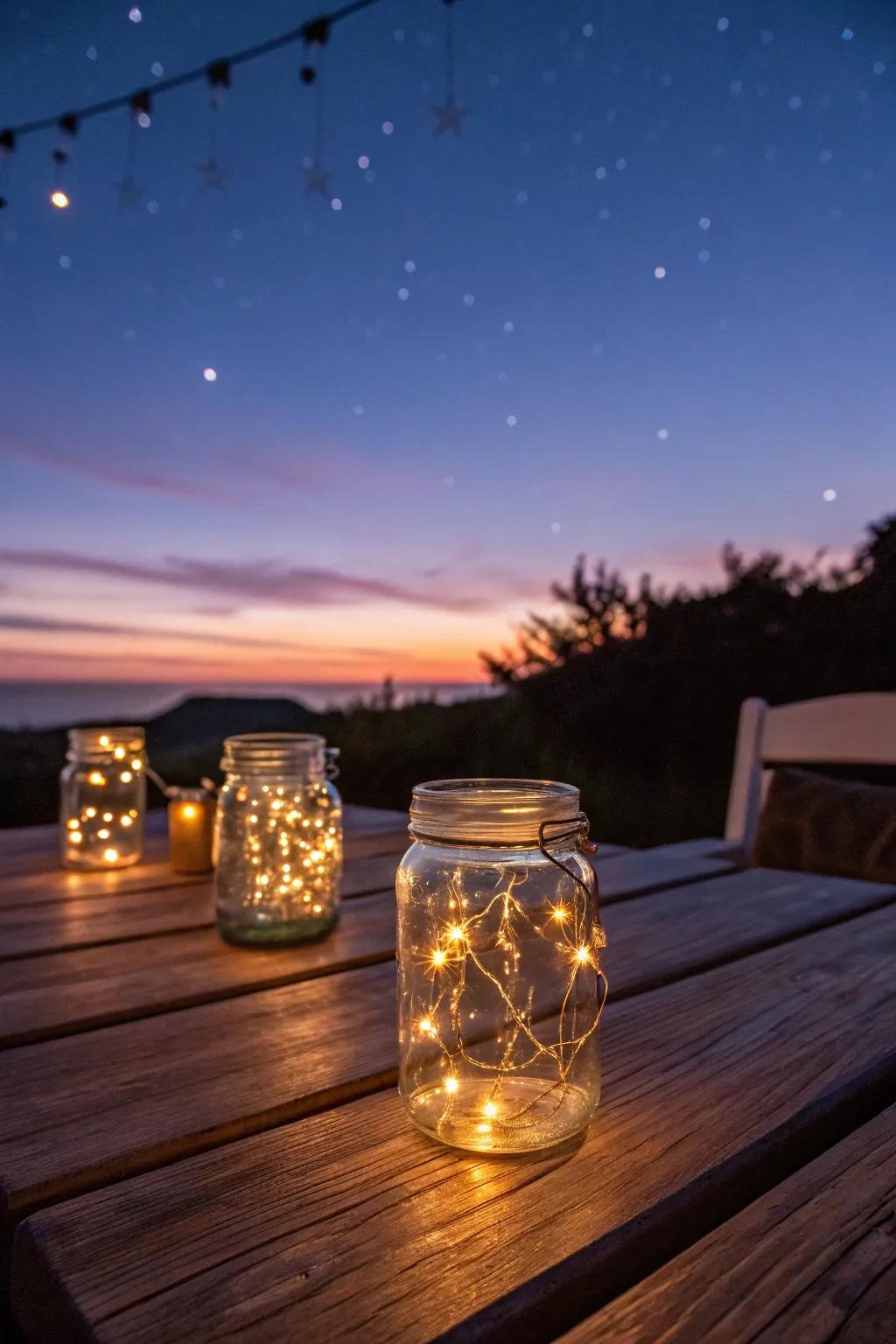Preserving-style jars using fairy lights that generate a magical night-time setting.