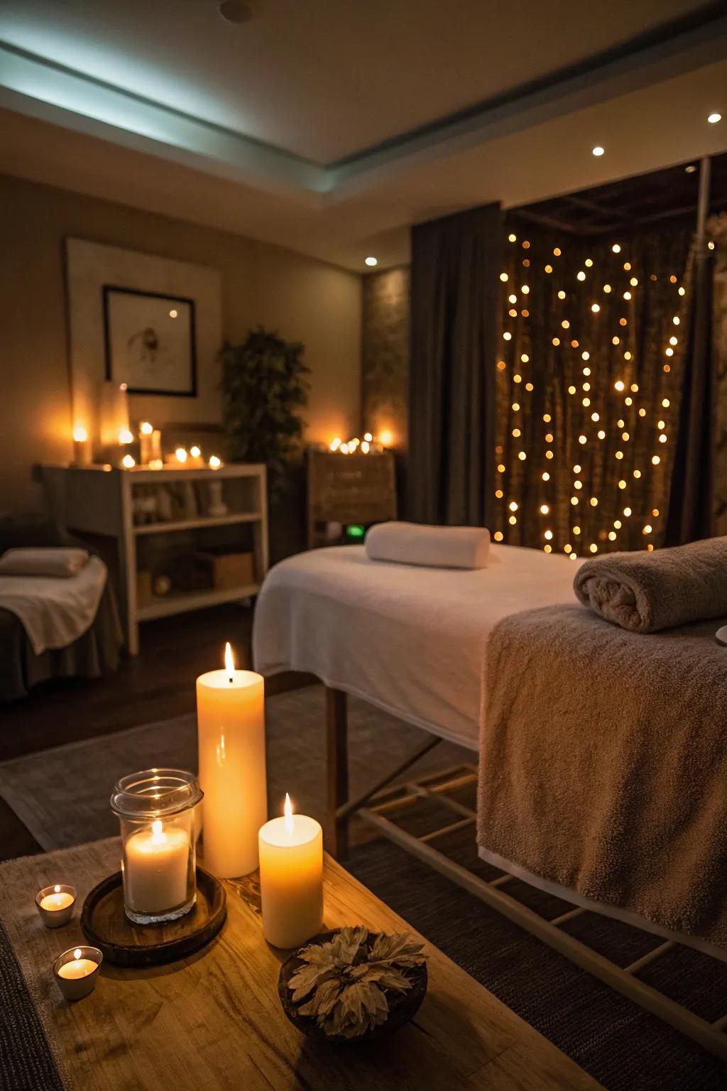 A massage room illuminated by soft, inviting lighting and candles.
