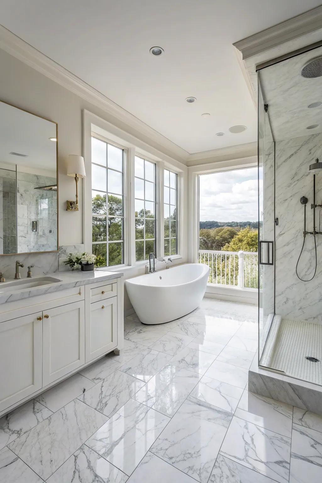 White marble flooring exudes classic elegance.
