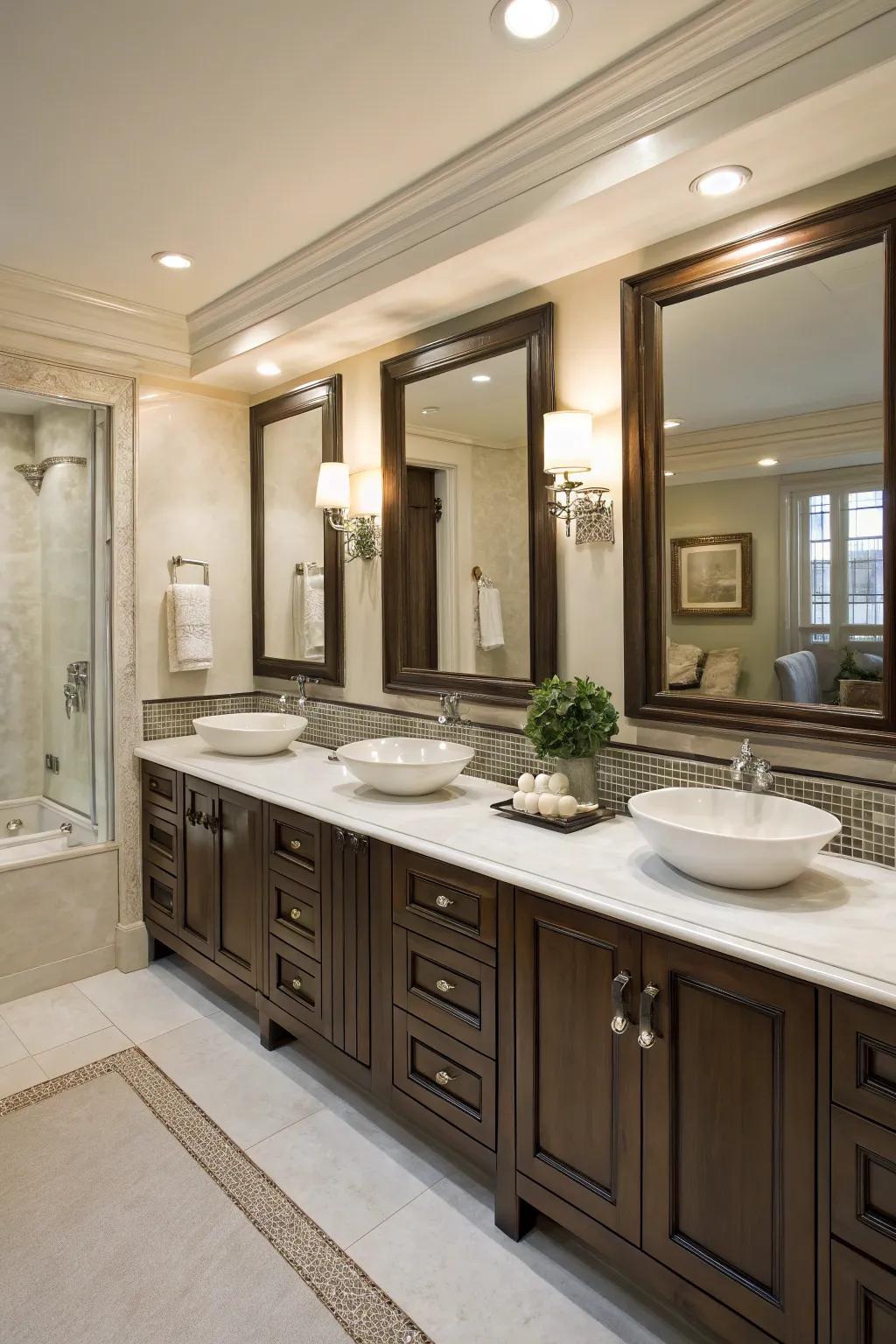 Paired vanities deliver both convenience and flair within this primary bathroom.