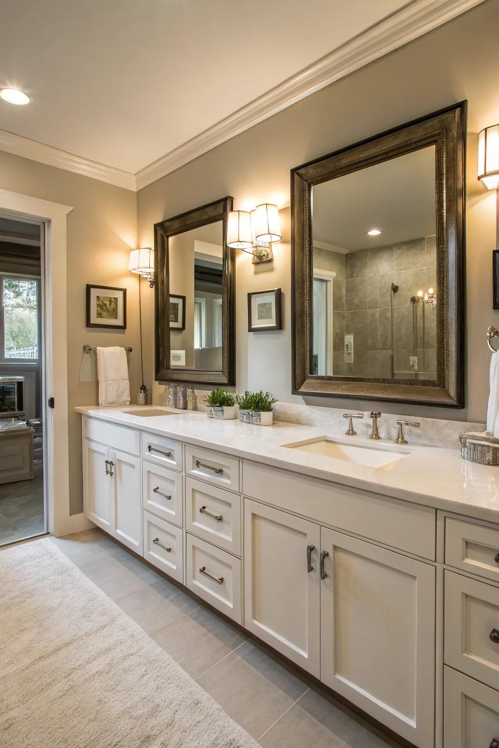 Dual sink units offer personal space and enhance the bathroom's practical configuration.