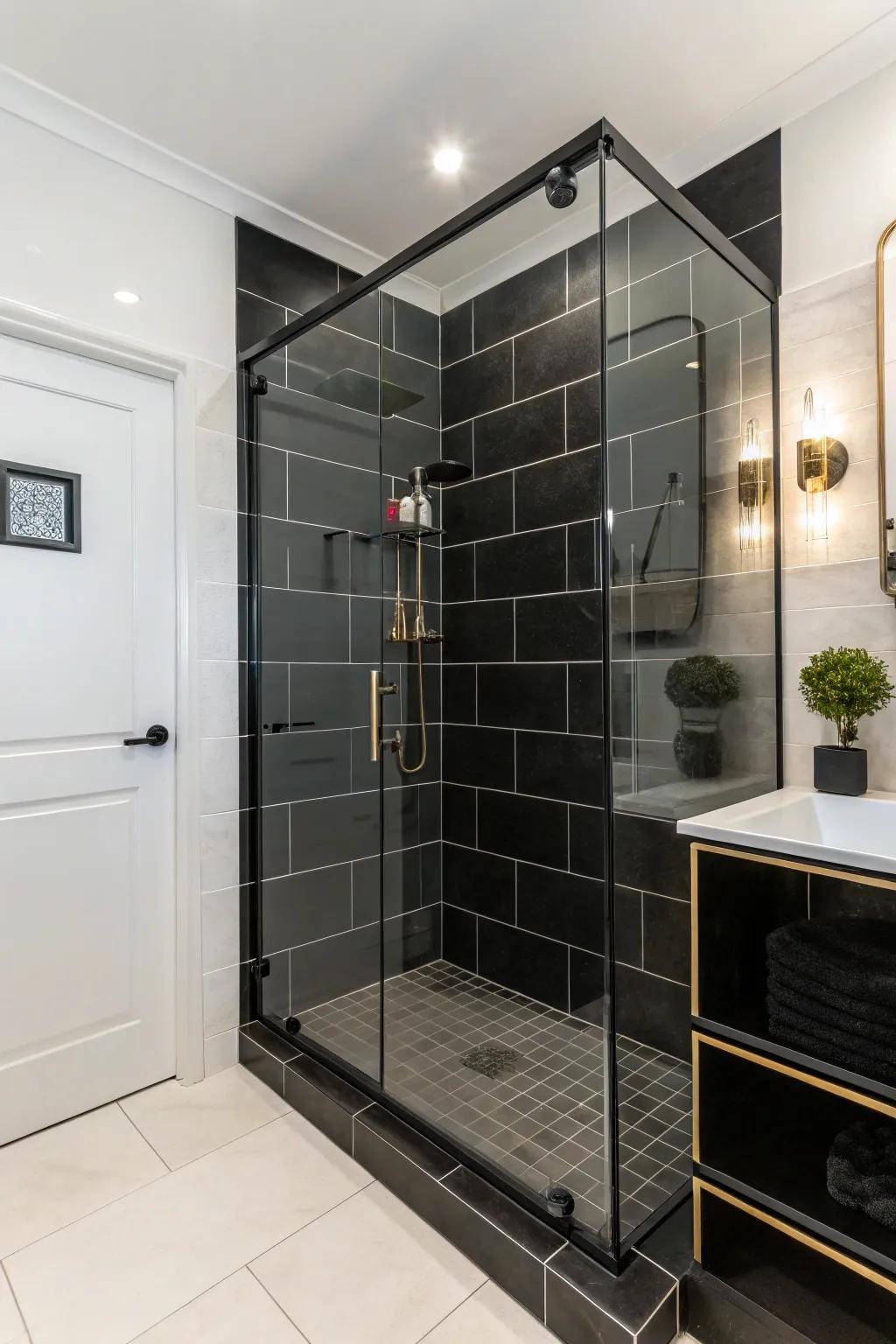 A modern shower boasting striking charcoal tiling and sleek fixtures for a theatrical impact.
