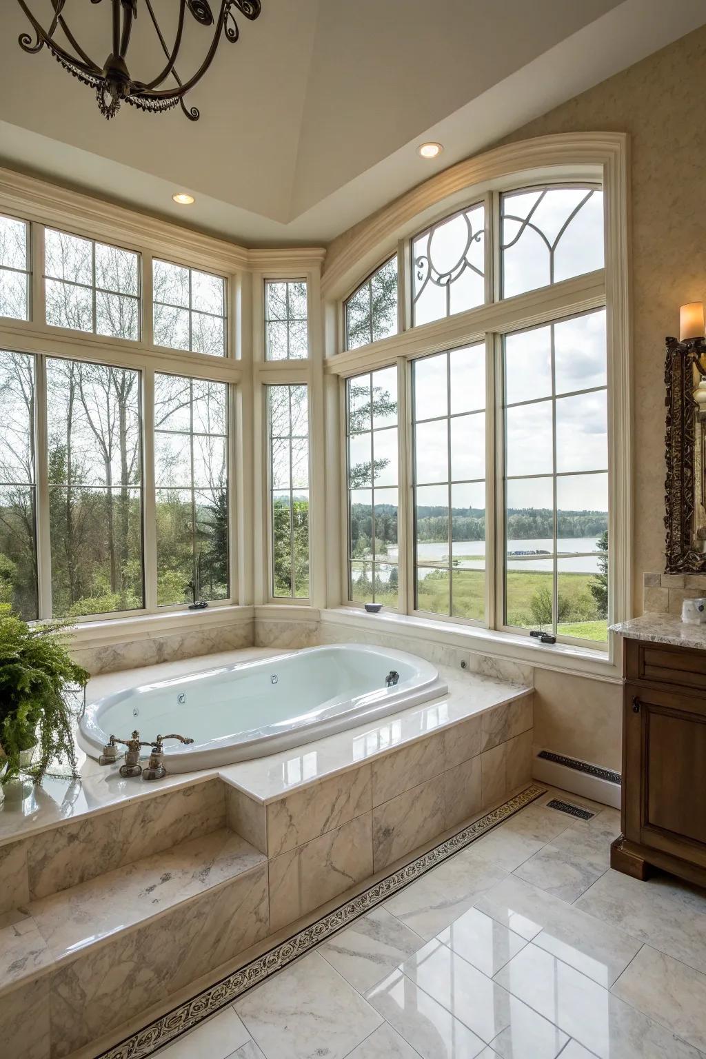 The elegant whirlpool tub is illuminated by the sunshine that floods the master bathroom.