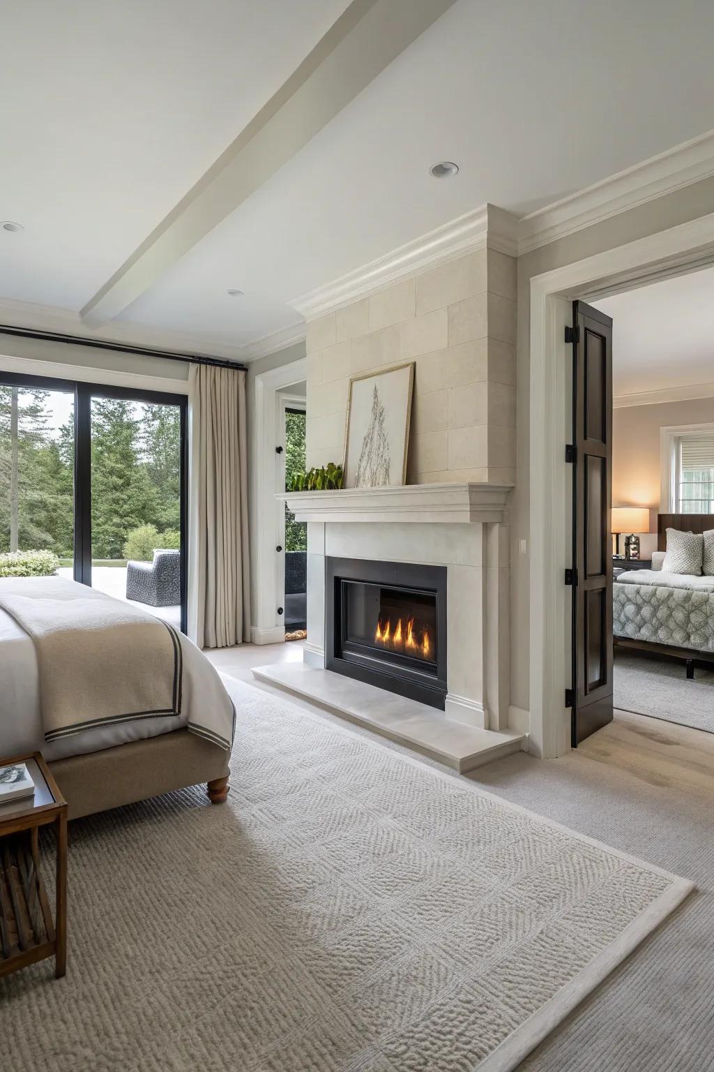 A modern minimalist hearth brings sleek sophistication to your bedroom.