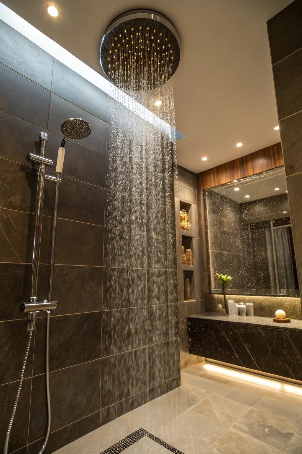 Indulge in a spa-like experience with a rainfall showerhead.