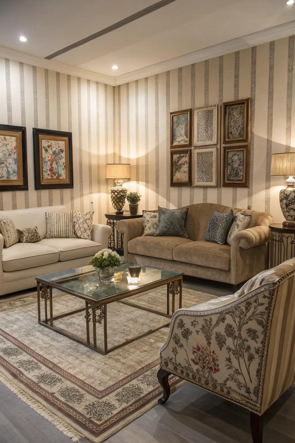 Linear wallpaper transforms a family room into a spacious retreat.
