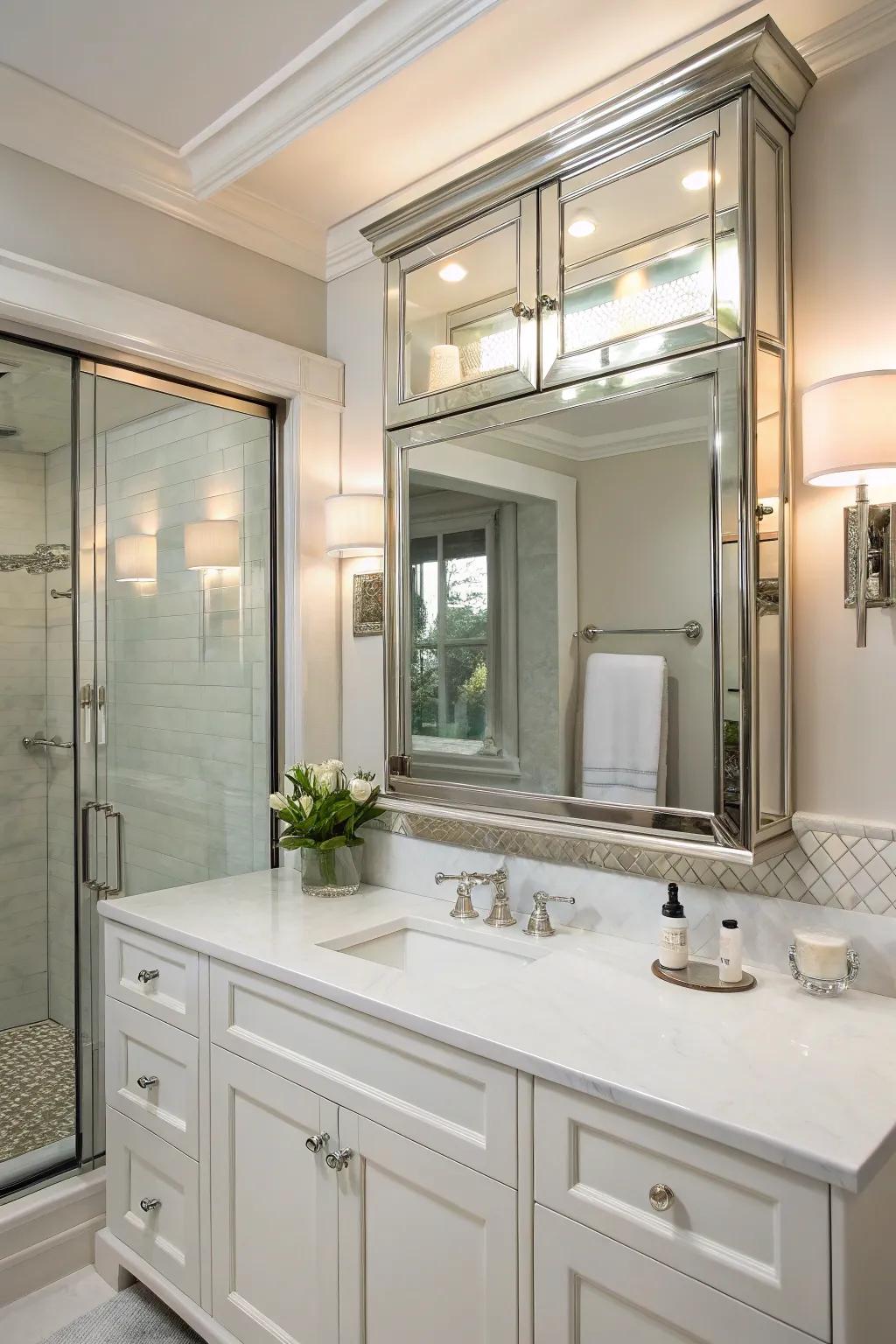 Mirrored cabinets enhance usefulness and visual attractiveness.