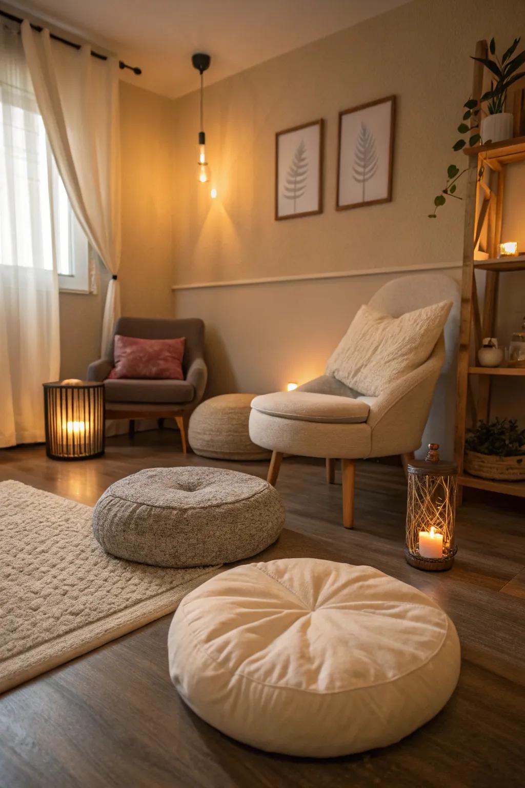 A comfortable meditation spot featuring soft seats and a plush chair.