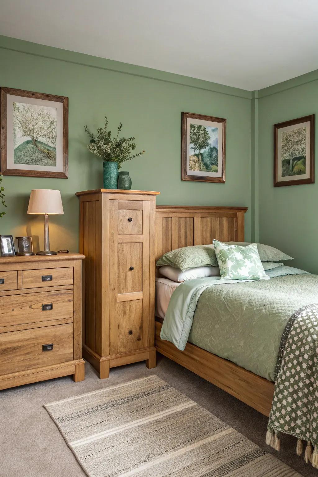 Natural greens combined with wood craft a tranquil escape.