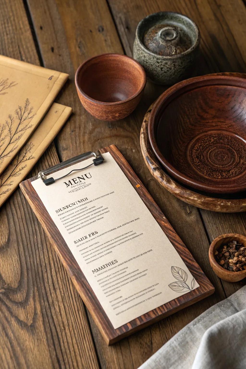 Timber grains stimulate a welcoming, countryside atmosphere on your menu.