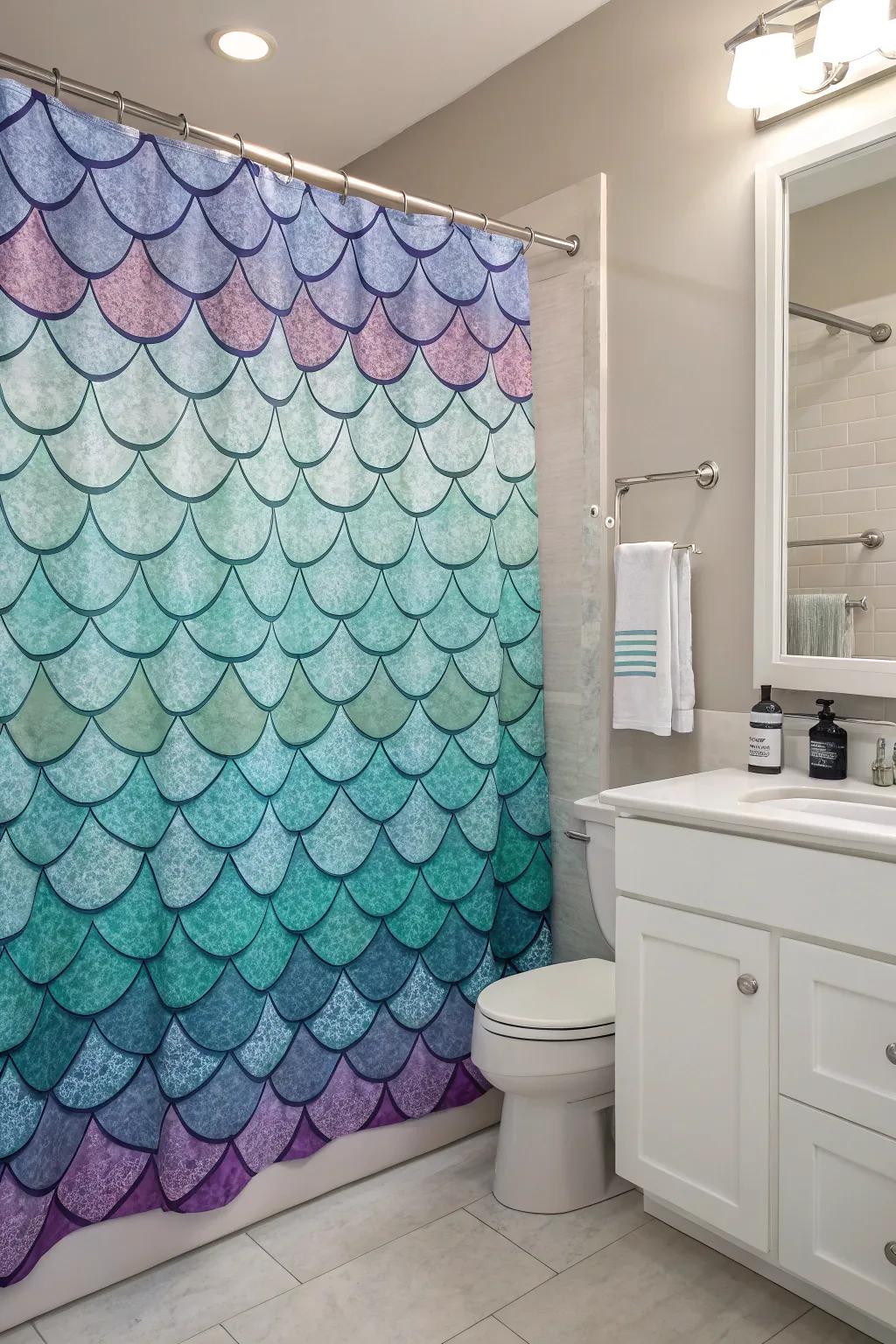 An attractive waterproof curtain showcasing mermaid scales adds a captivating allure.