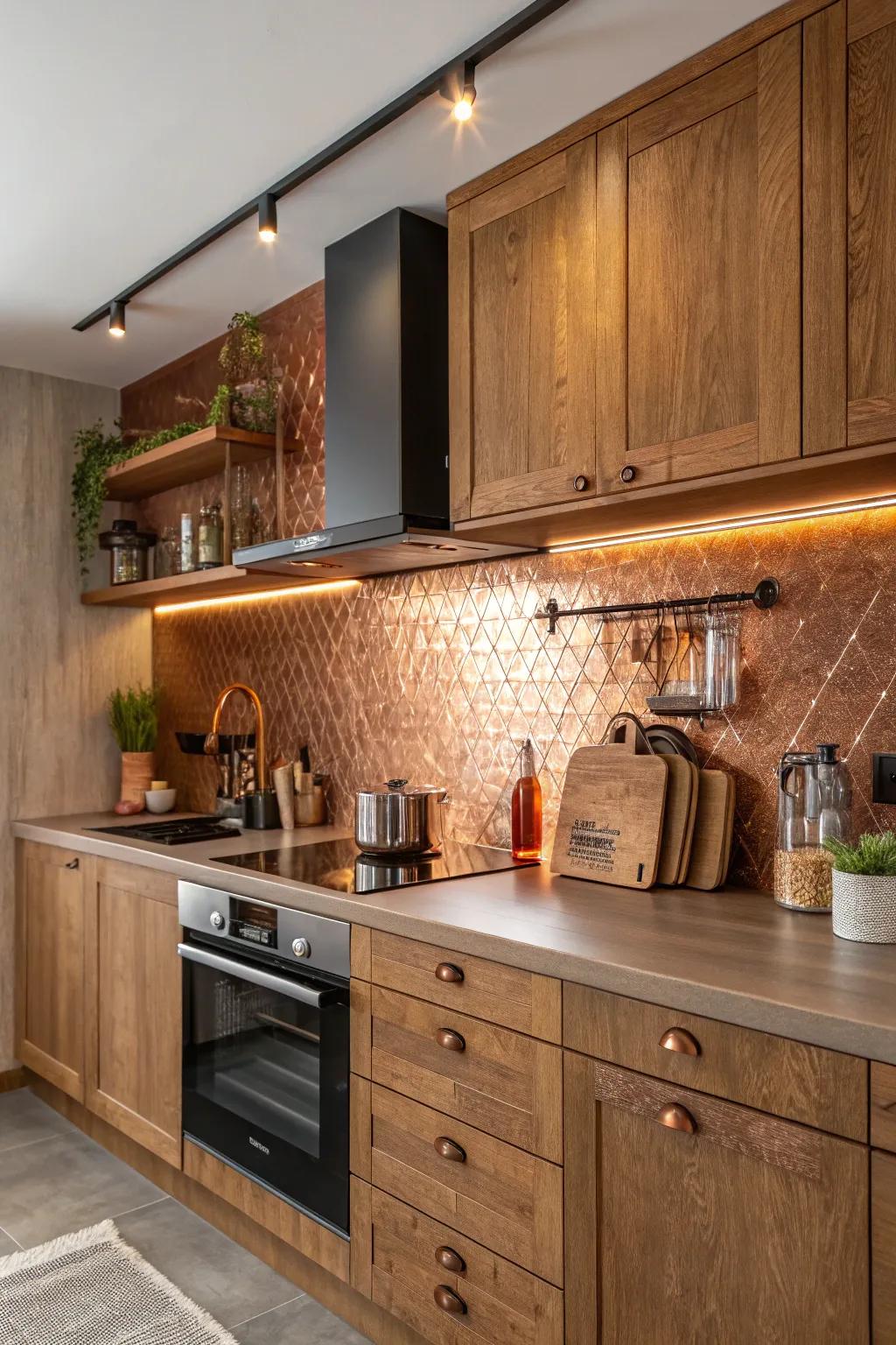 A kitchen displaying a cozy copper metallic backsplash.