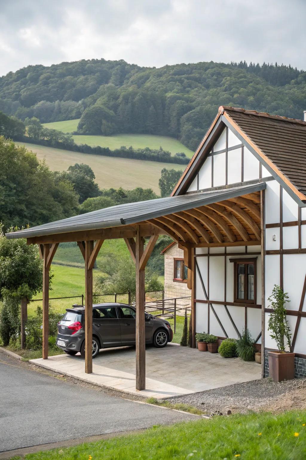 A carport featuring timber accents marries rustic charm with modern practicality.