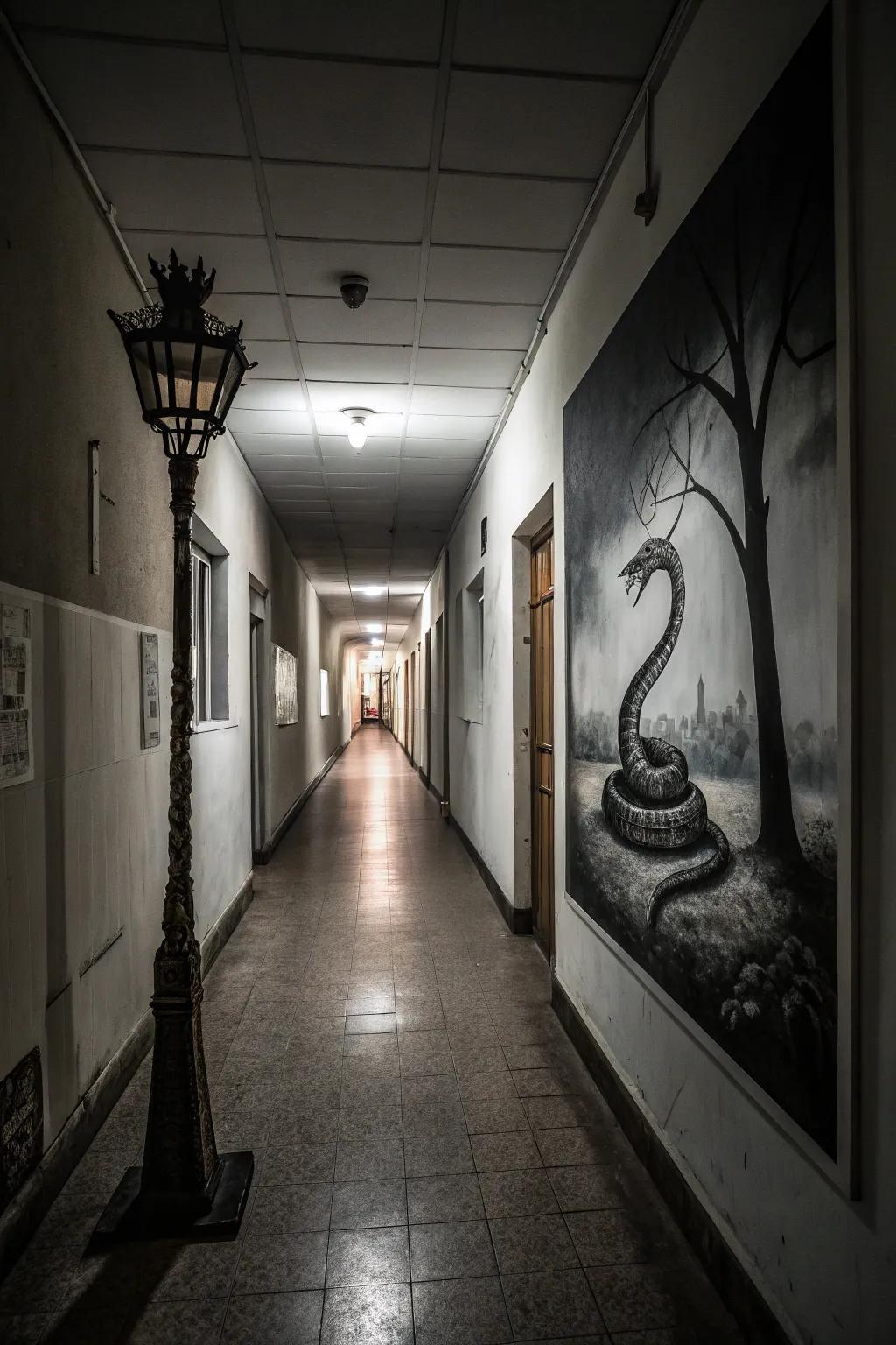 A street lamp transforms into a snake, conjuring fascination and enigma.