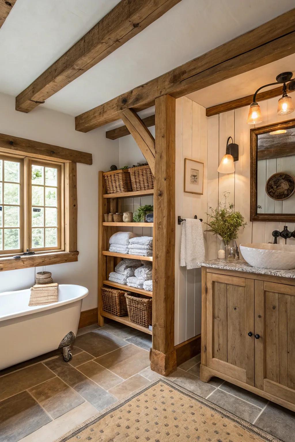 Homespun timber details bring warmth to the bathroom.
