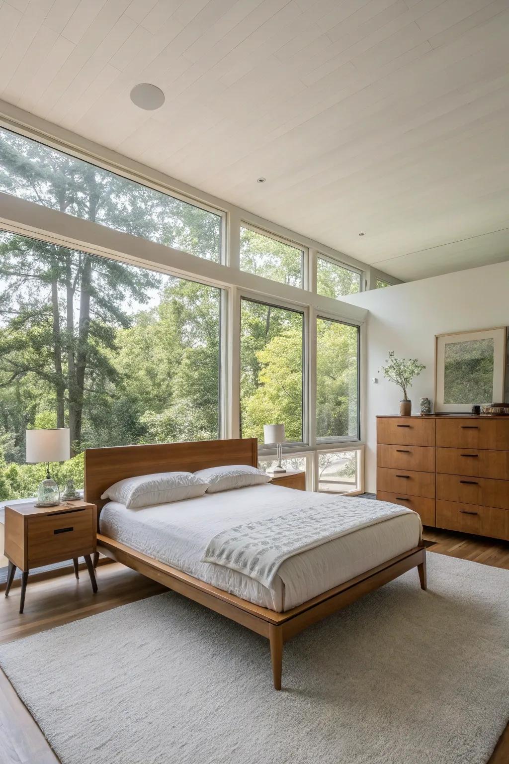 A minimalist mid-century modern bedroom showcasing furniture featuring simple, refined lines.