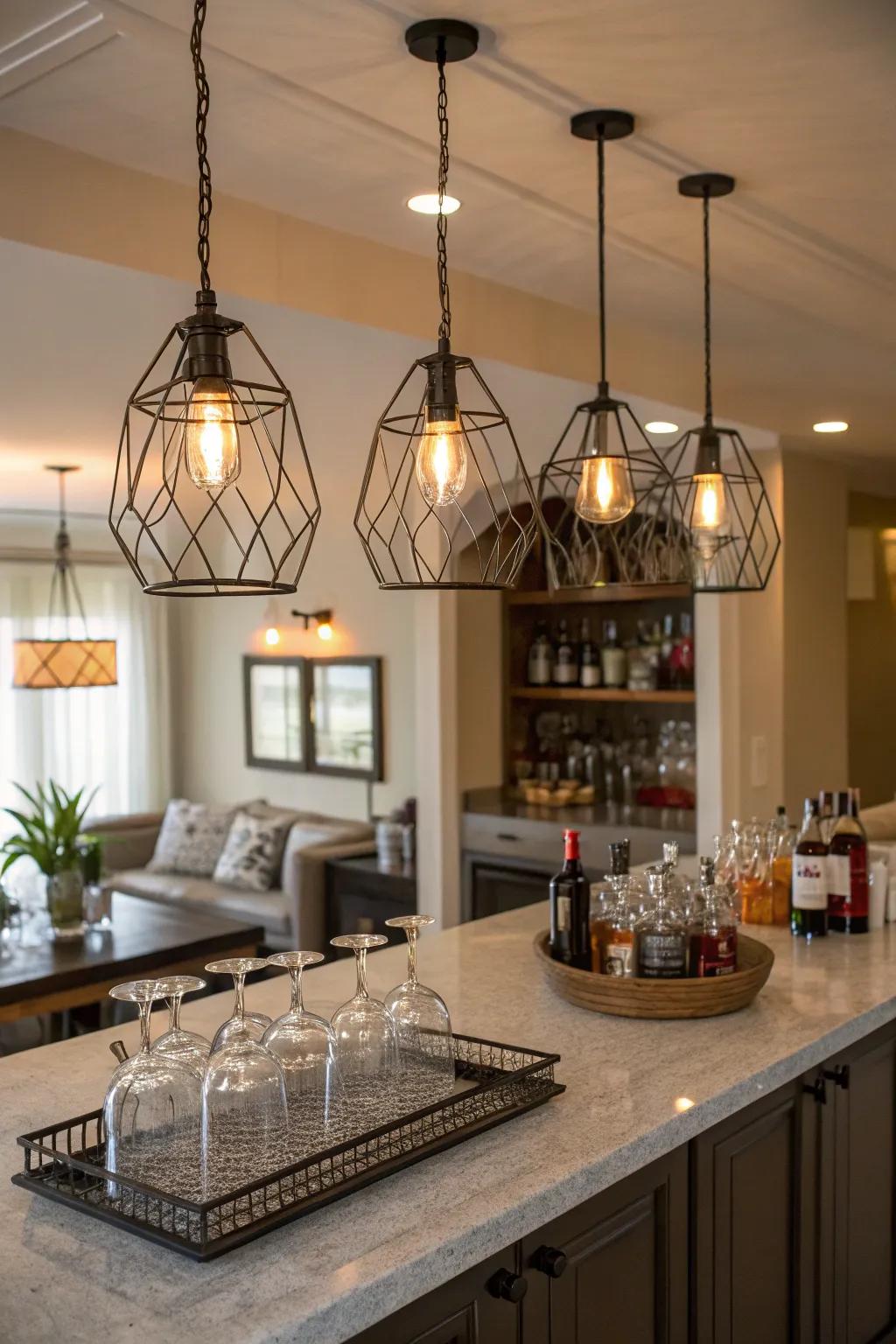 Stylish pendant lights lift the mini bar's appearance.