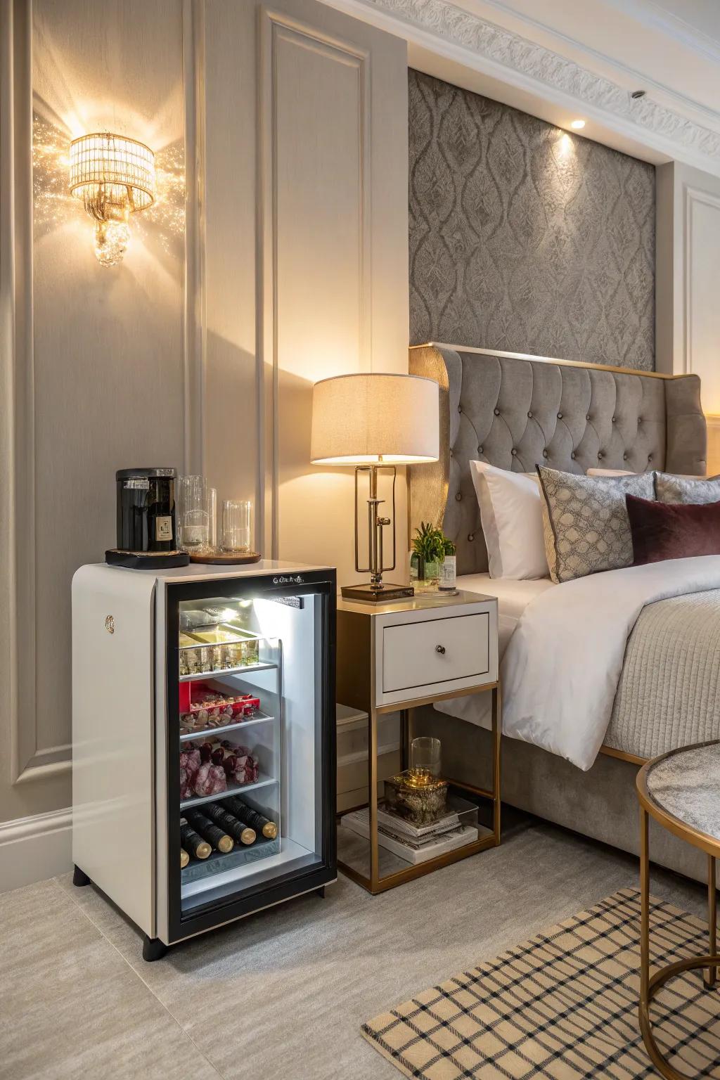 A small refrigerator serving as a bedside addition in a fashionable bedroom.