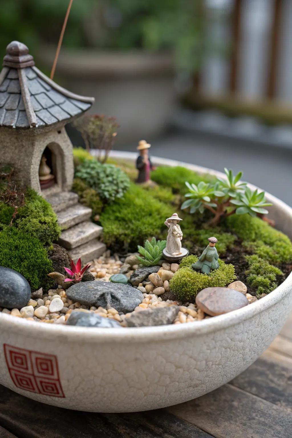 A charming miniature scene arranged in a shallow bowl.