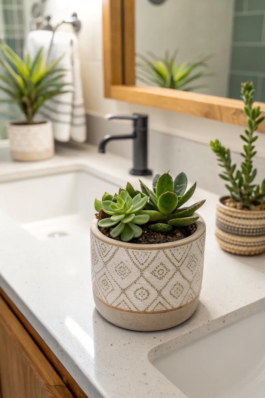 A modest succulent adds a revitalizing touch of nature to the bathroom setting.