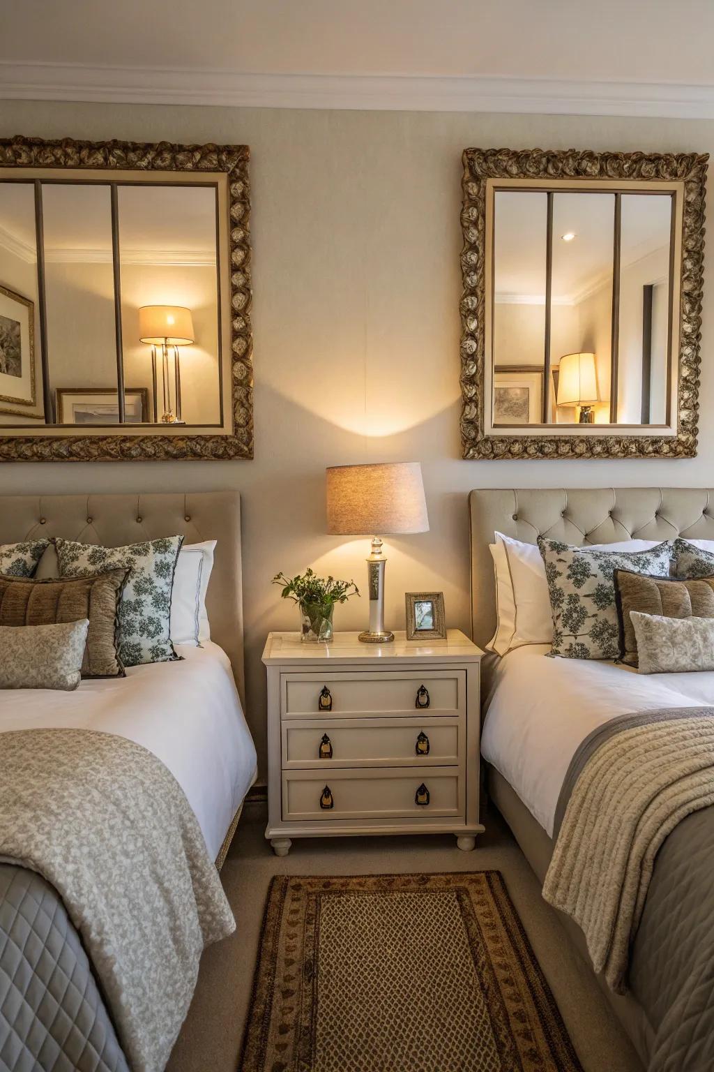 Symmetrical mirrors flanking the bed bring harmony and balance.