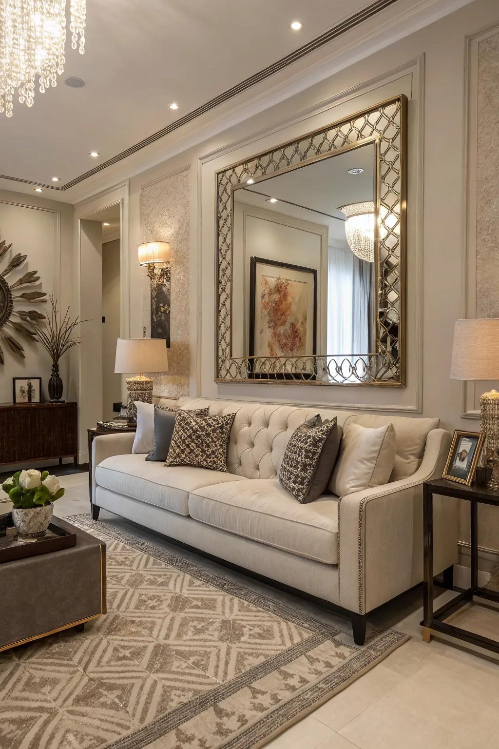 Enhance your space with a mirror beautifully placed above the sofa.