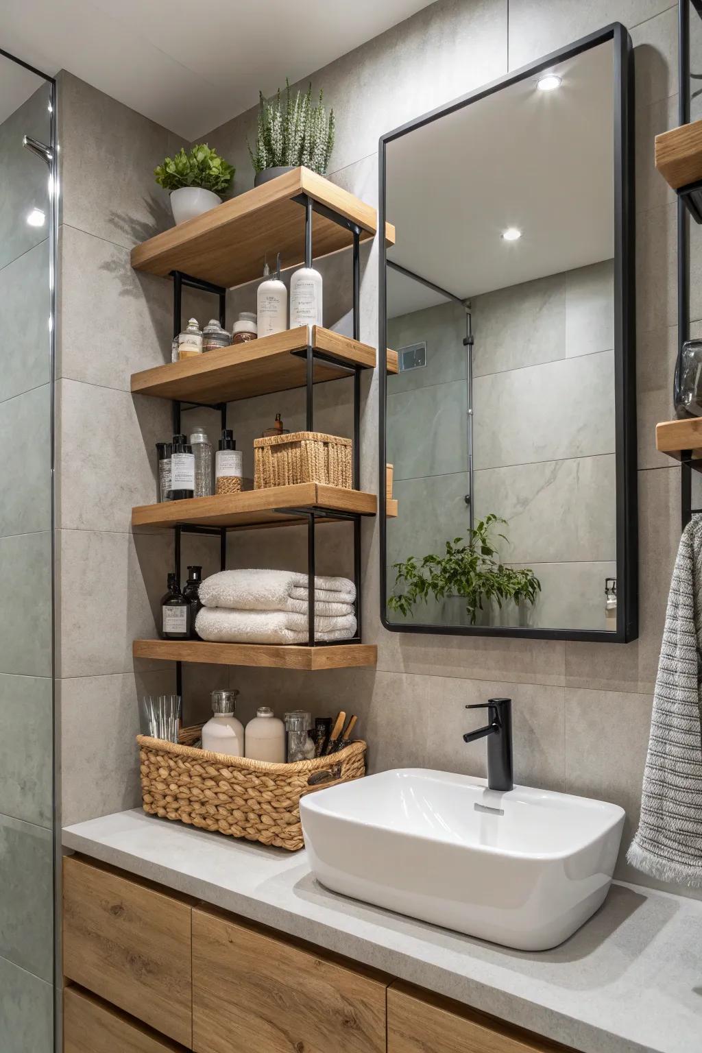 Elegant display ledges inside a restroom, incorporating style and usefulness.