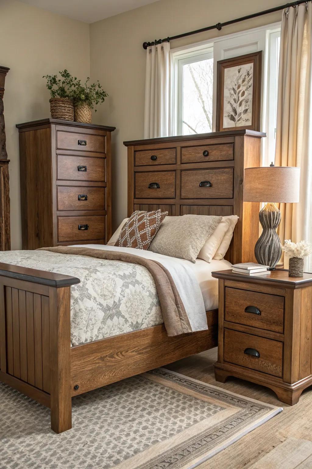 A fusion of furniture items enriches your bedroom’s depth.