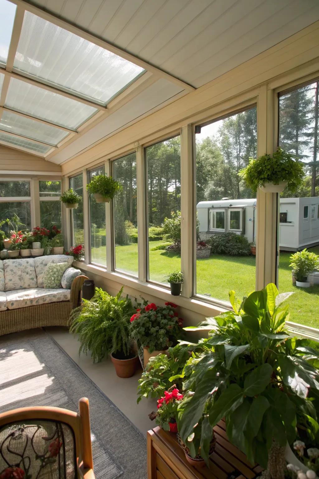 A solarium bathed in sunlight and adorned with flora, providing a tranquil expansion to the mobile residence.