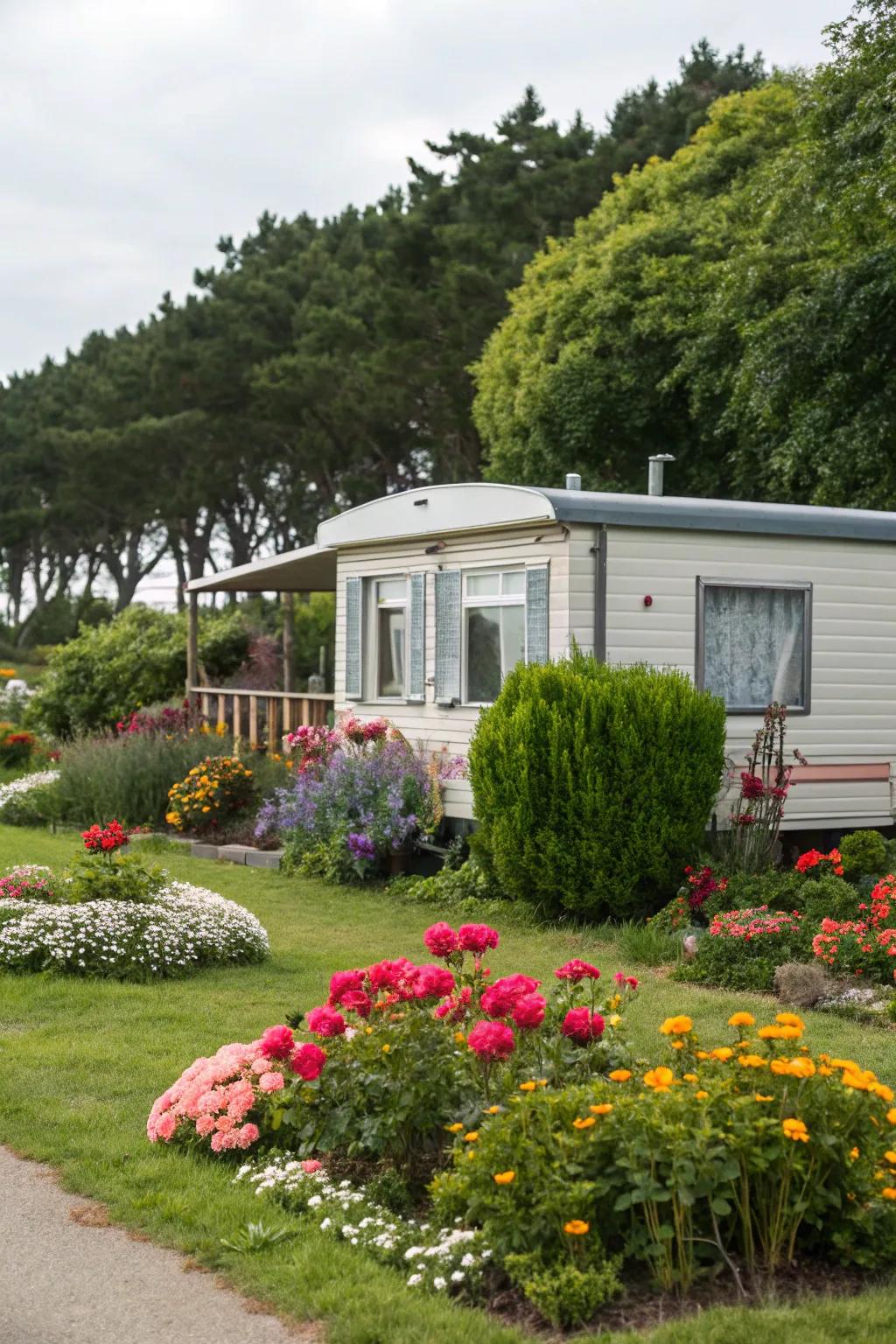 A mobile home complemented by lively flower beds and abundant greenery.