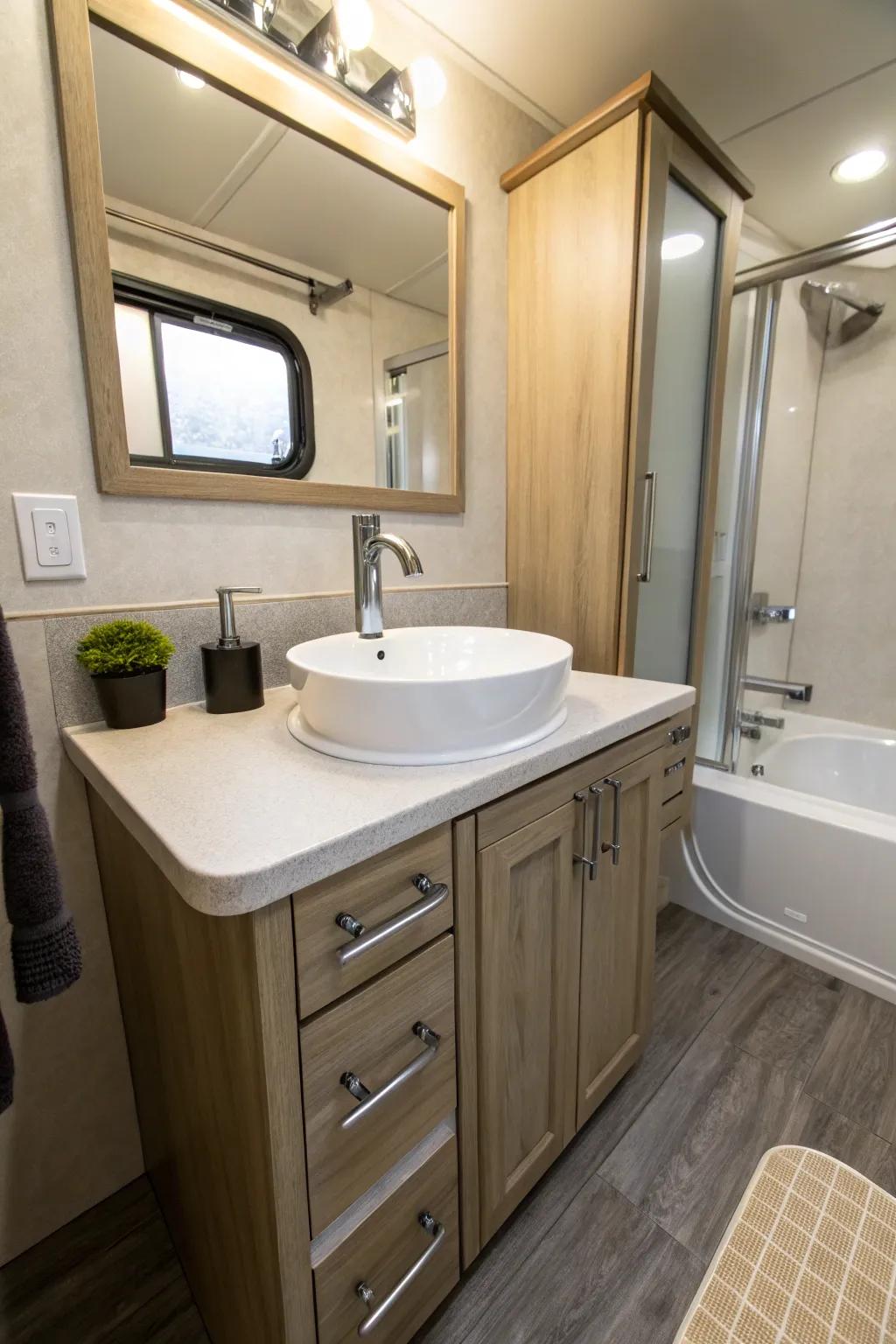 Modern fixtures bring a contemporary touch to this mobile home master bathroom.